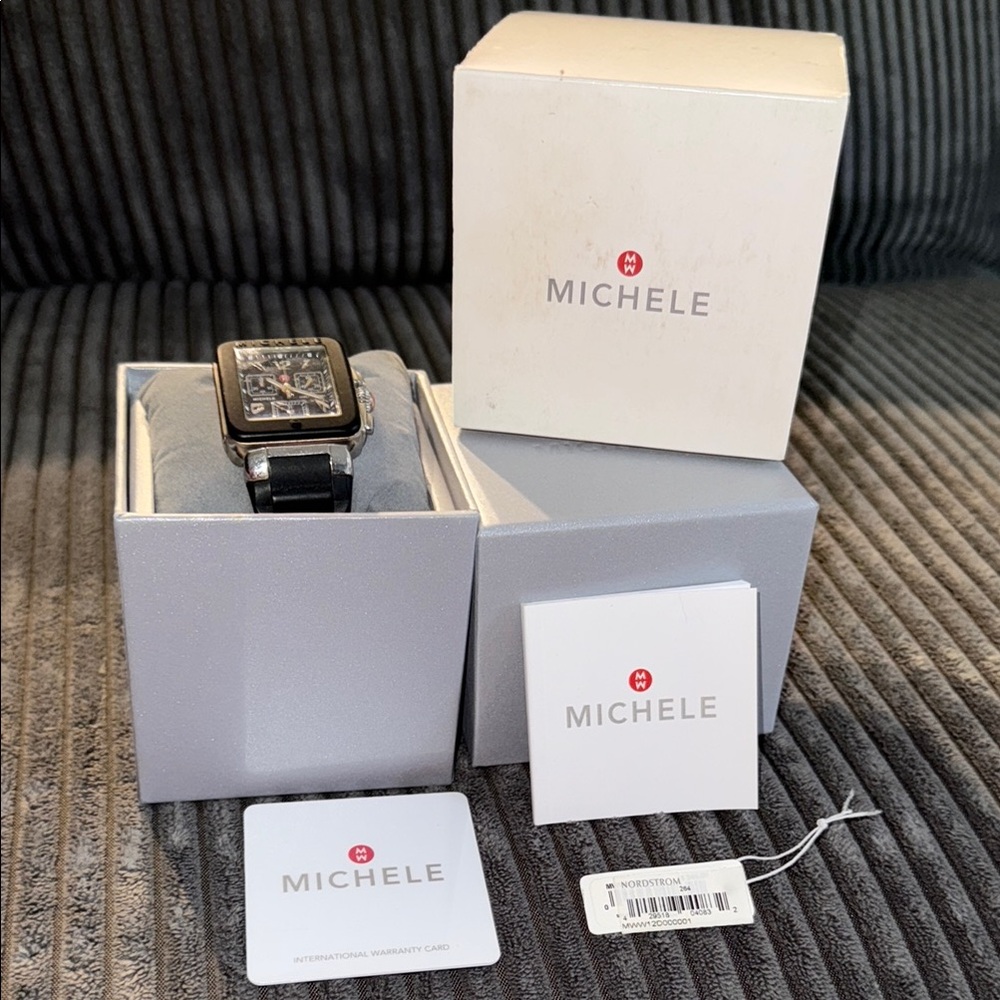 Michele Black and Silver Square Dial Watch
